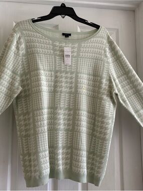 Ann Taylor Factory Mint and White Houndstooth Crewneck Sweater